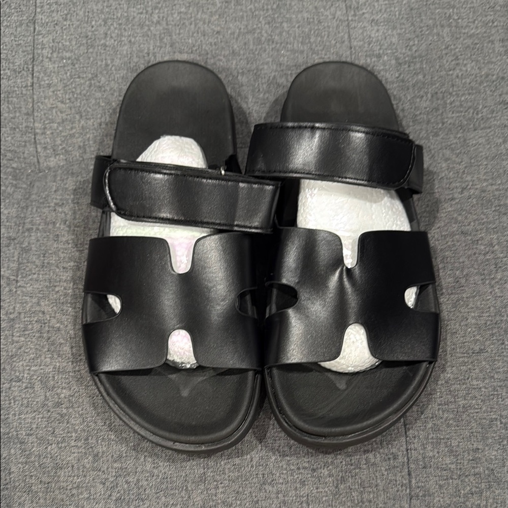 Black Leather Slide Sandals